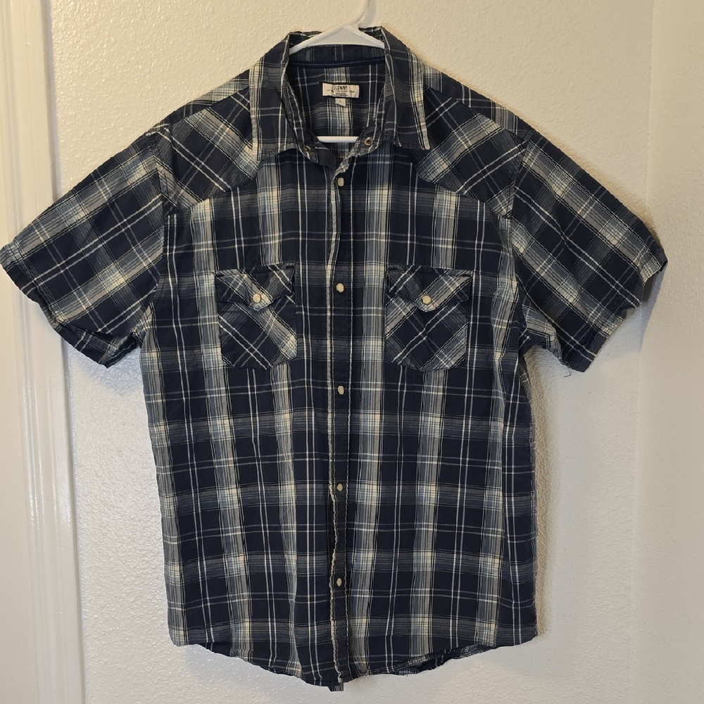 Old Navy Bkue and White Plaid Short-Sleeve Snap Button Shirt